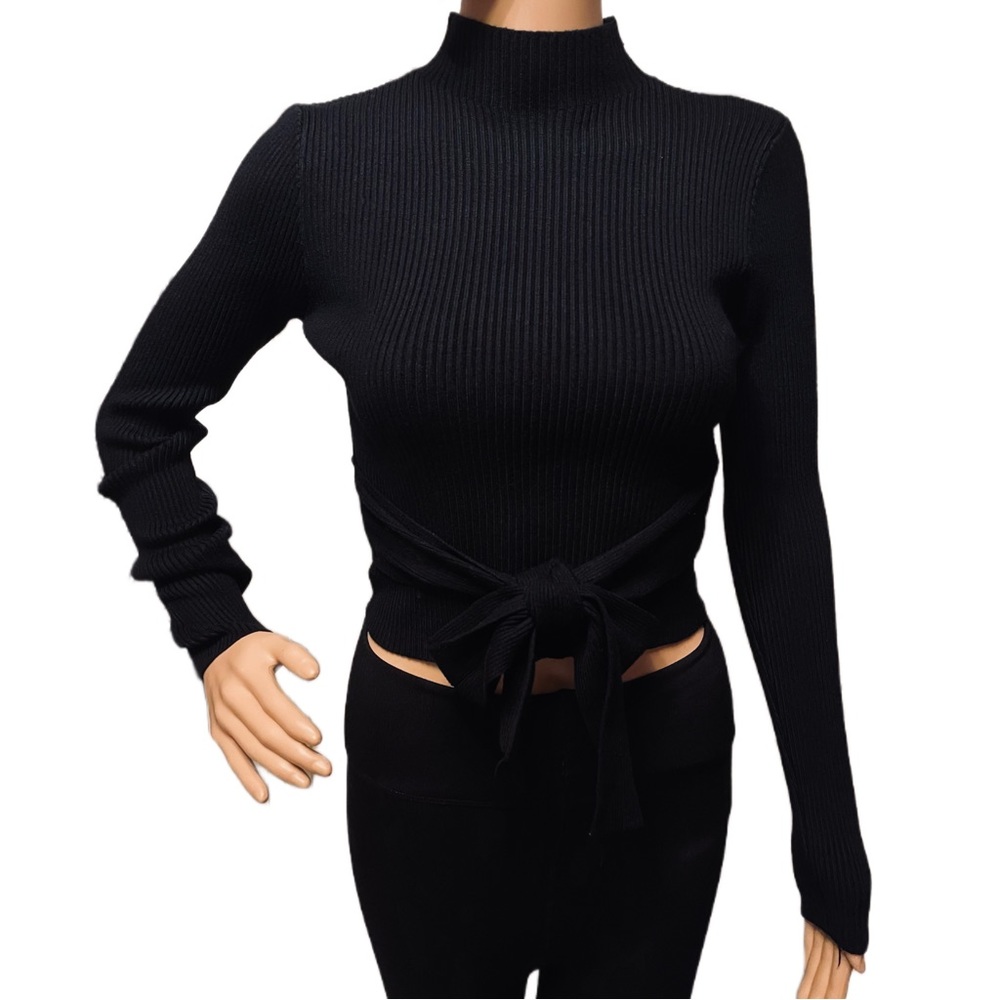 Petal & Pup Tie Front cropped mock neck sweater black
